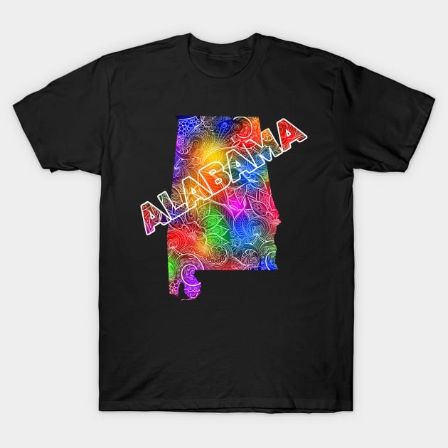 Colorful mandala art map of Alabama with text in multicolor pattern T-Shirt by Happy Citizen